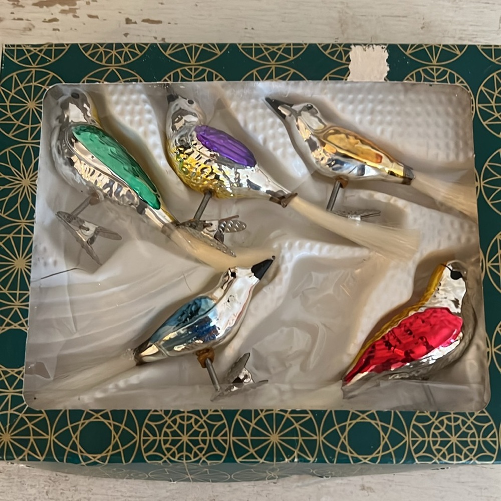 5 Vintage glass clip on bird Christmas tree ornaments